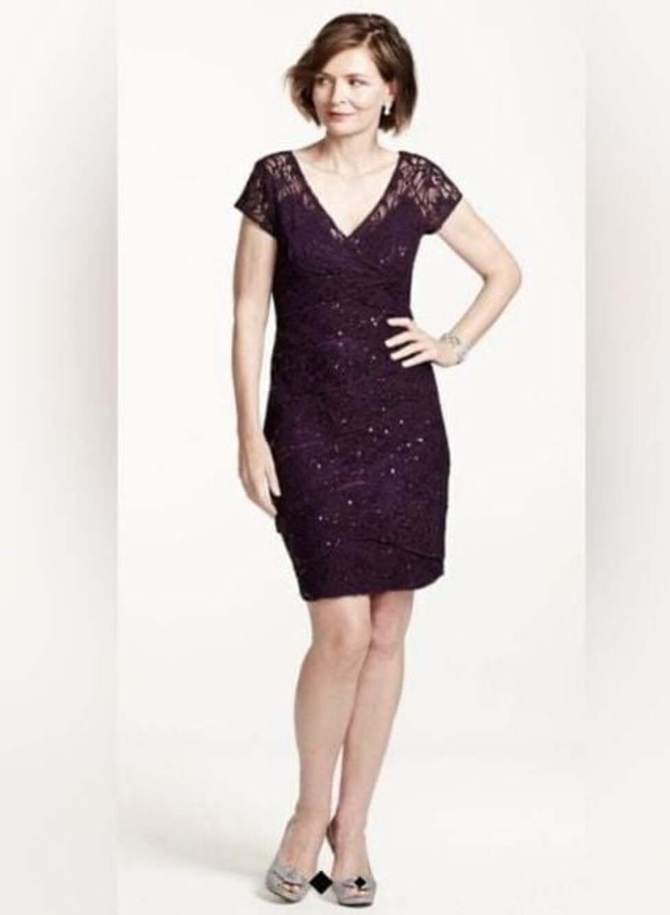 Scarlett Eggplant Lace Sequin V-Neck Tiered Sheath Dress Size 12 cocktail party